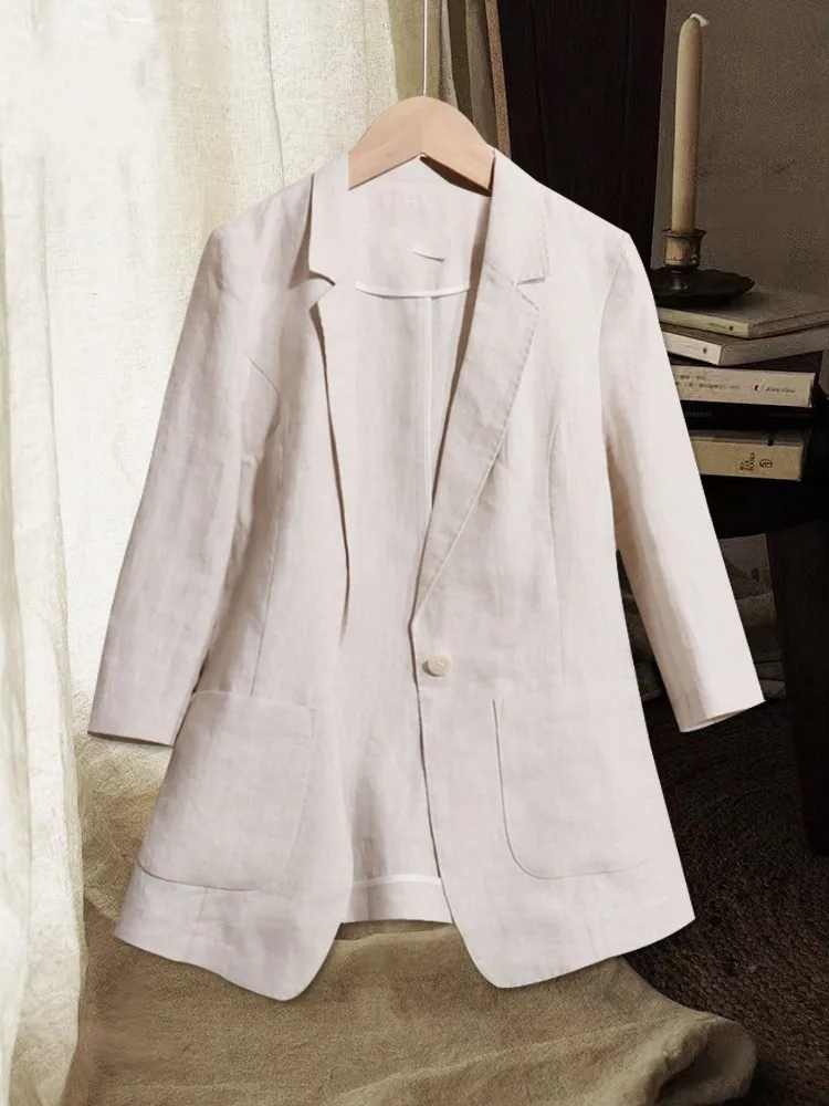 Womens Pure Linen Suit Jacket Sets Female Summer Thin Slim Three-quarter Sleeve Blazers Two-piece Set Ankle Length Pant Outfits