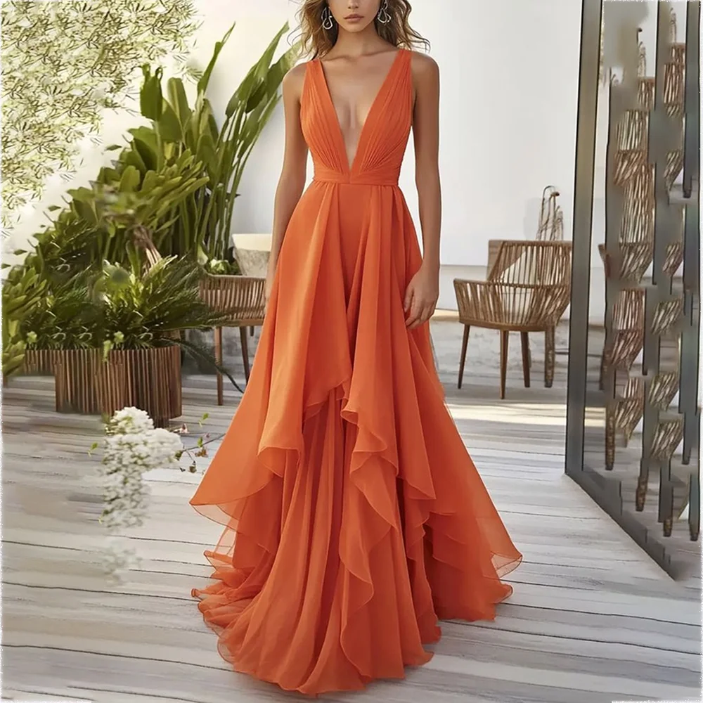 

Chic Chiffon Prom Dresses Draped Sleeveless V Neck Sexy Floor Length A Line Formal Dinner Cocktail Party Gowns Customized