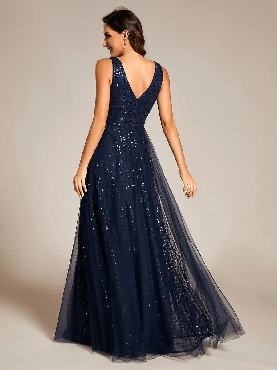 Gorgeous Evening Dresses V-Neck Sleeveless High-Waist See-Through Sequin Tulle 2024 Ever Pretty of Navy Blue Bridesmaid Dress