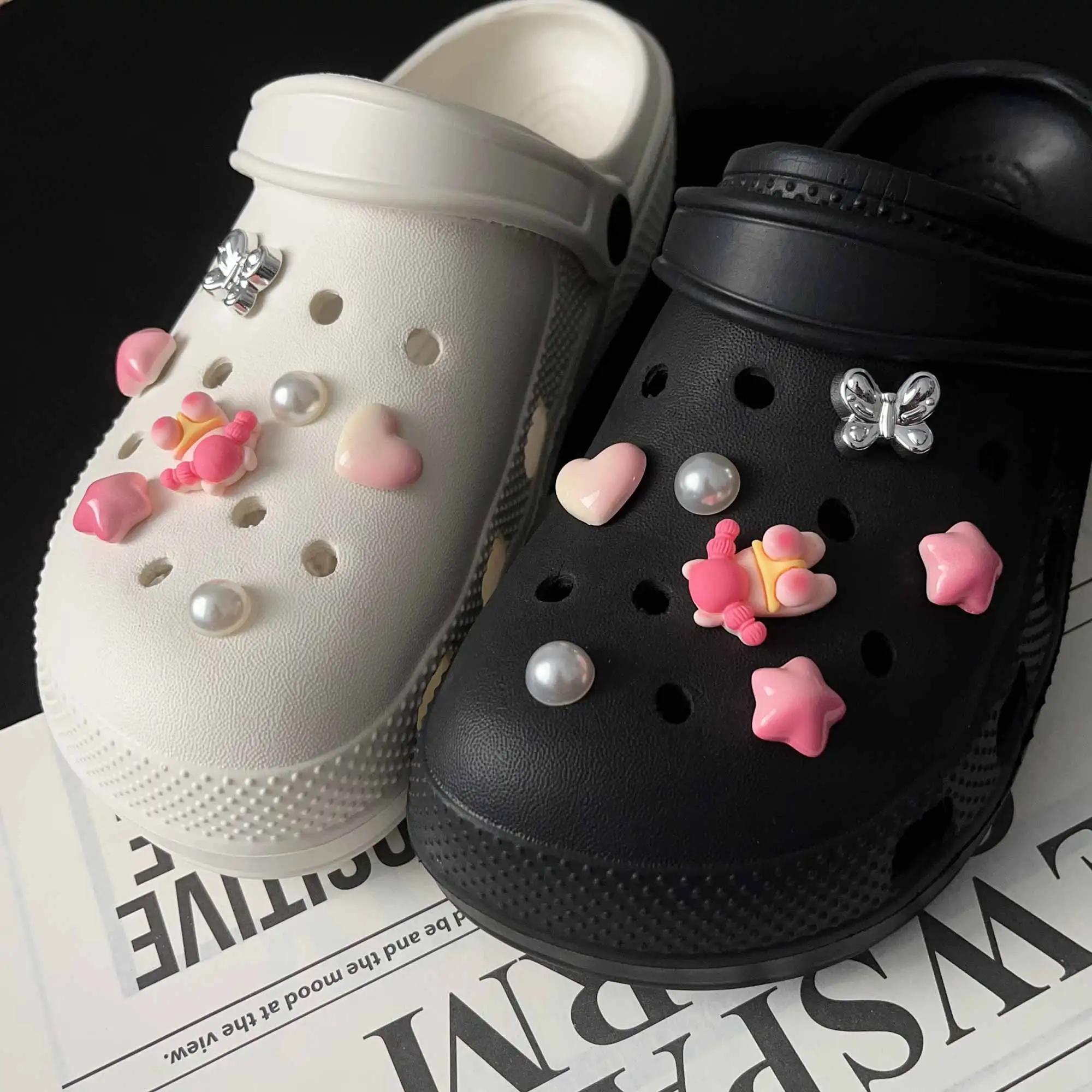 

Cute Pink Swim Girl Pearl Set Shoe Charms for Crocs Decorations Clogs Pins Garden Sandals Butterfly Star Slipper Accessorie Gift