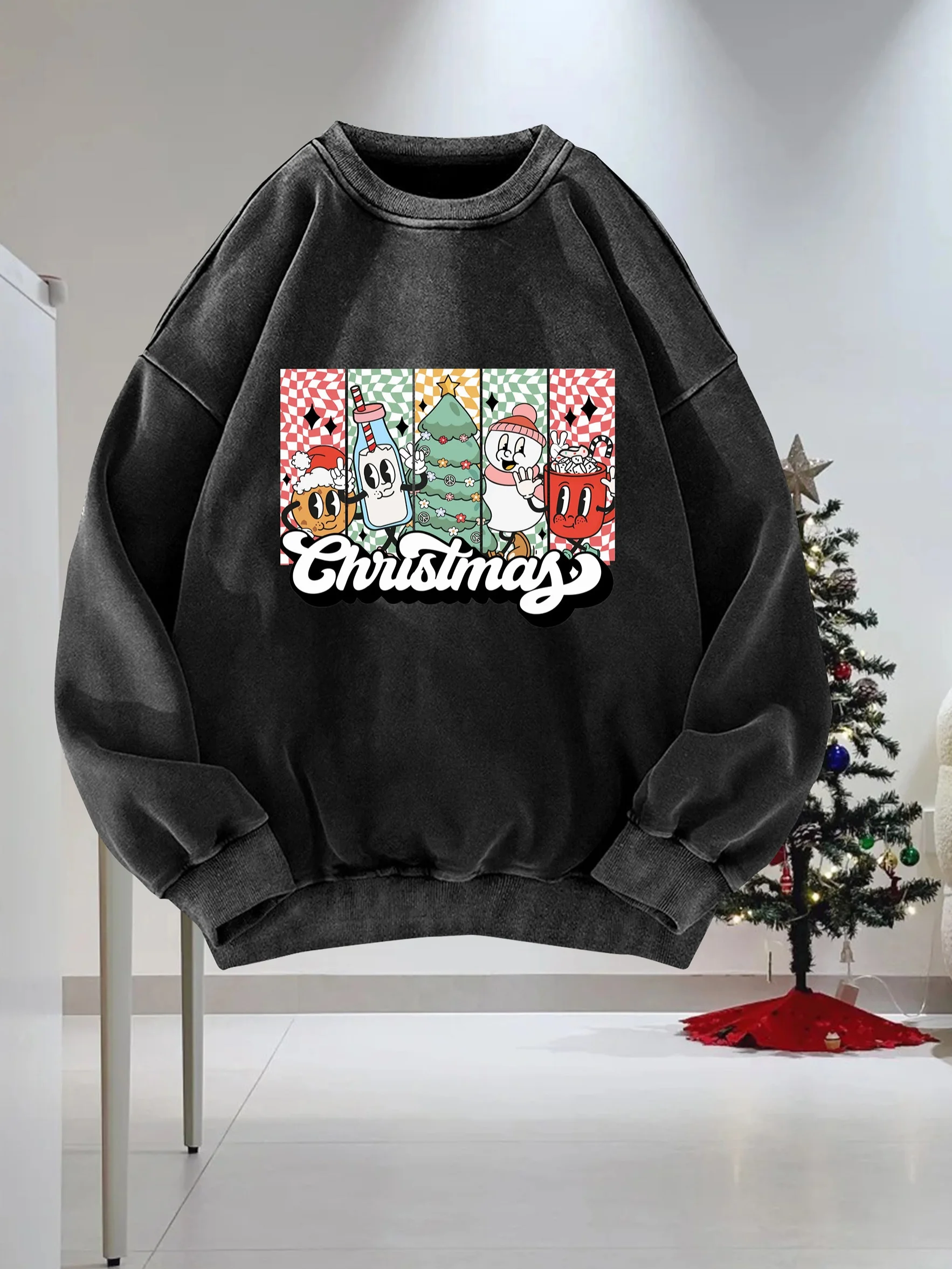 

Women's Vintage Y2K Oversized Christmas Sweatshirt - Distressed Washed Black Retro Sweater with Festive Mosaic Print (Candy