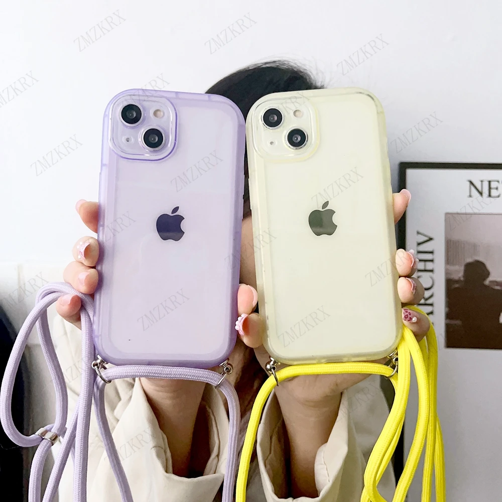 Crossbody Necklace Lanyard Clear Soft Case For iPhone 13 12 11 14 Pro XS Max X XR 7 8 Plus SE Candy Transparent Shockproof Cover