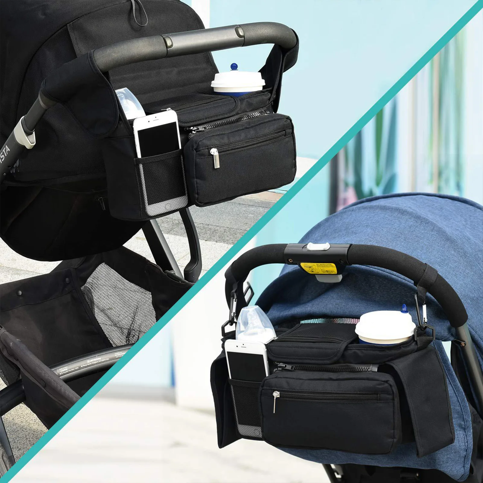 

Universal Stroller Organizer Bag with Cup Holder Detachable Phone Bag and Shoulder Strap Suitable for Toddler Outdoor