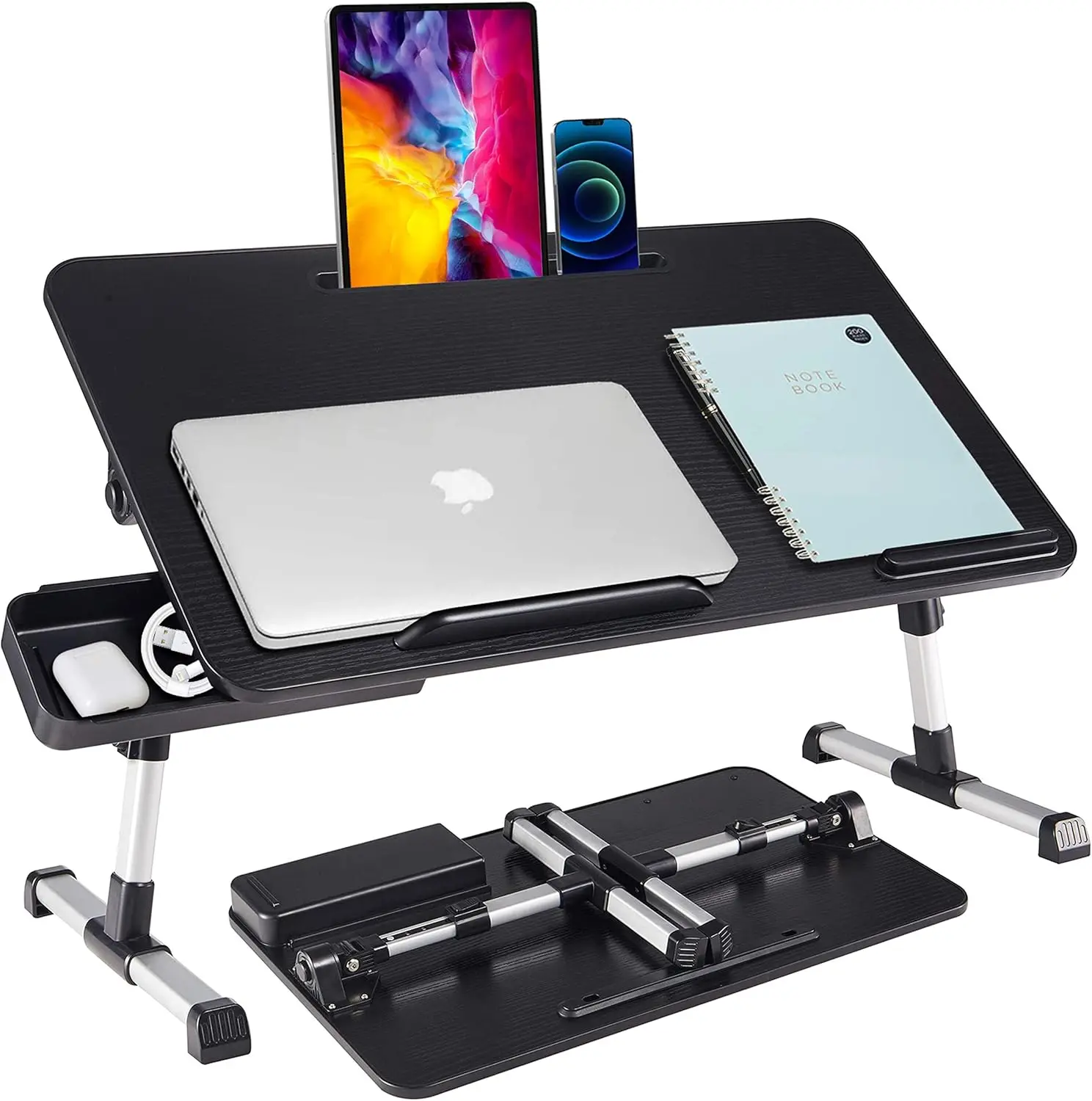 

Adjustable Laptop Stand with Storage Drawer, Foldable Legs for Reading, Eating, Working in Bed Sofa Floor