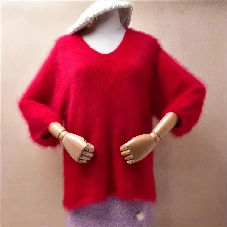 Senhoras mulheres outono inverno roupas vermelho angora coelho cabelo de malha com decote em v três quartos mangas soltas pulôver camisola pull