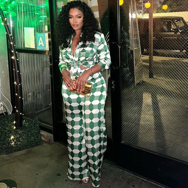 

Plaid Print Pant Sets 2 Piece Sets Womens Outfits Elegant Long Sleeve Shirt Top and Wide Leg Pants Workwear Matching Sets Club