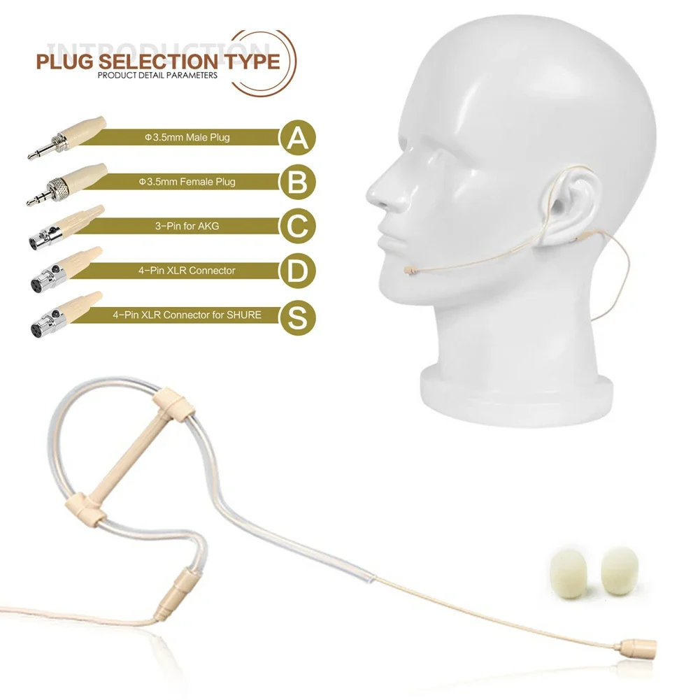 Beige Single Ear Hooks Headset Mic Headworn Microphones Hand-free Operation 3.5mm 3 Pin/4 Pin XLR Plug- With Microphone Covers