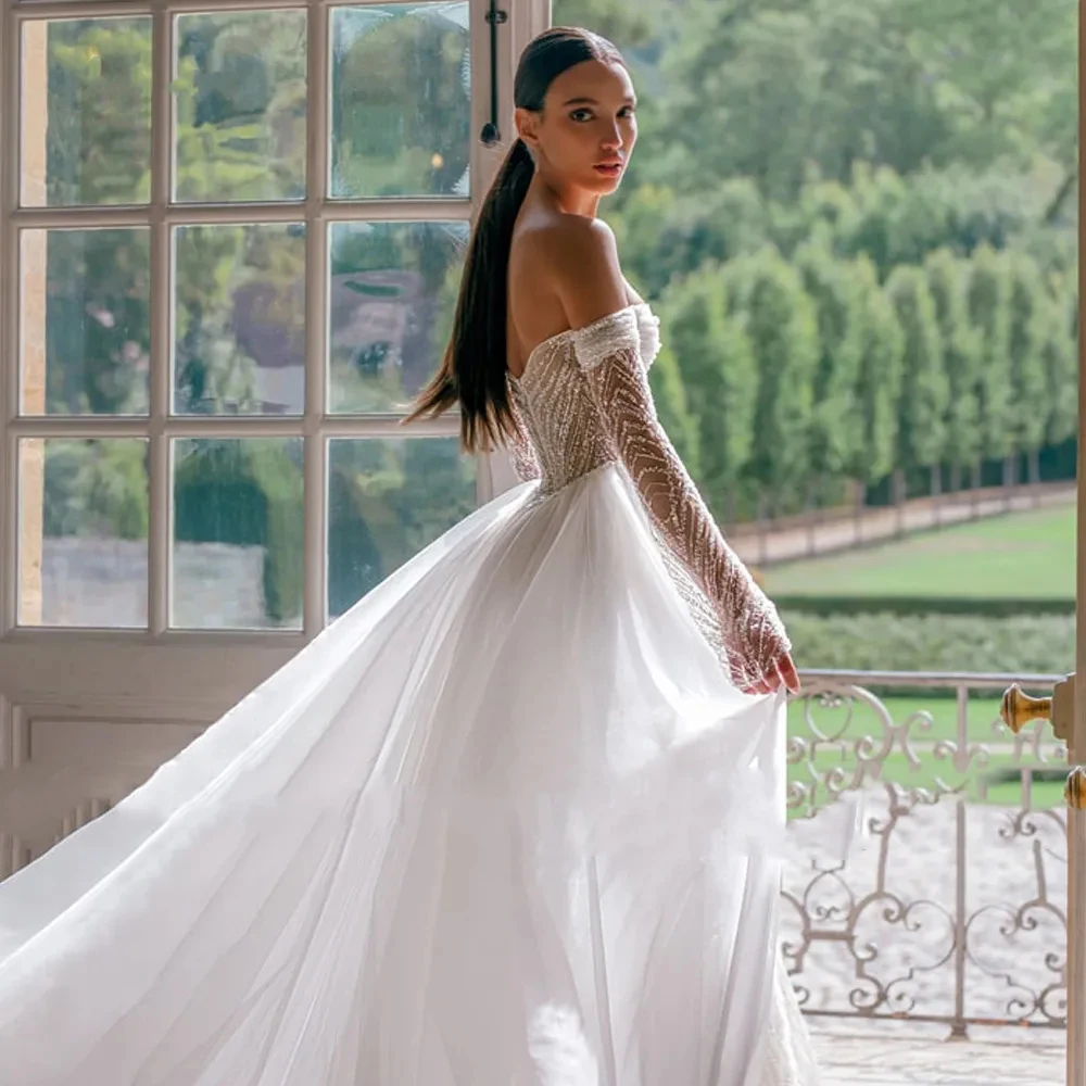 Vestidos de novia modernos y lujosos de sirena para mujer, apliques de encaje de ilusión con hombros descubiertos, vestidos de novia con tren desmontable 2024