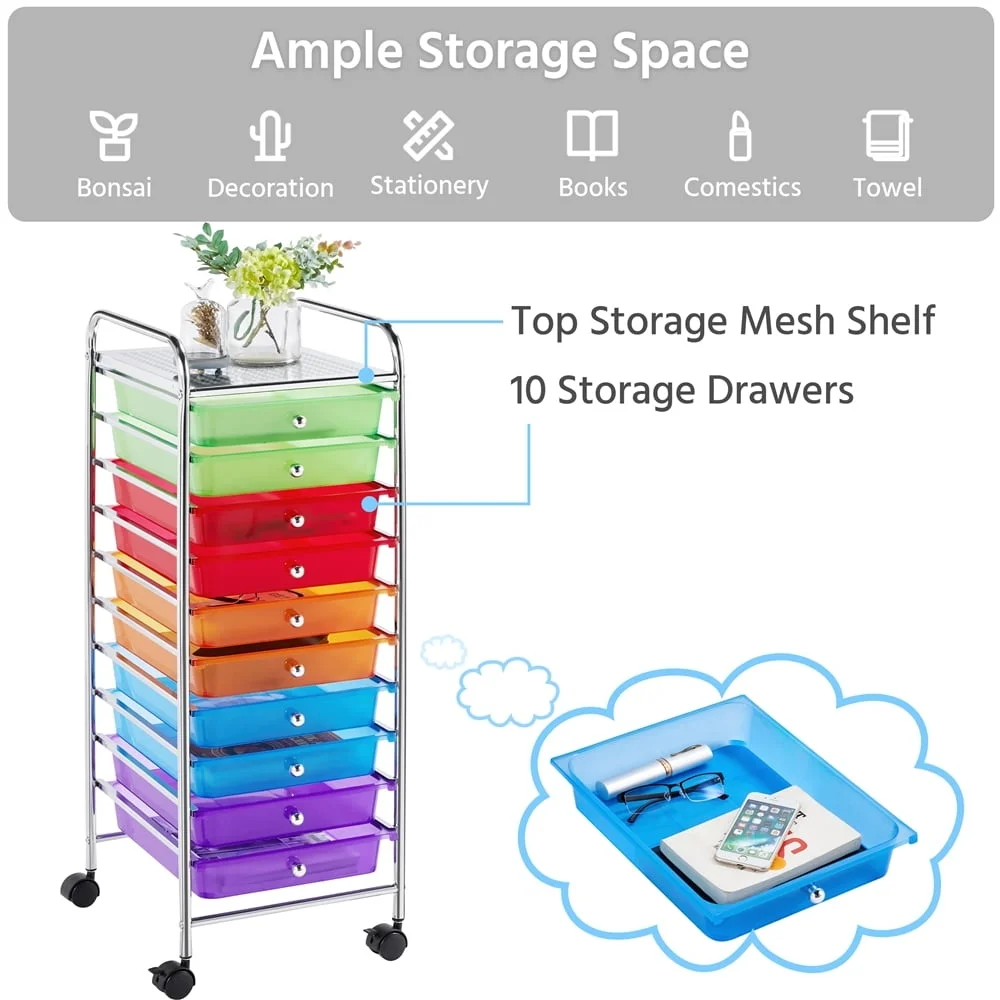 10 Drawer Rolling Storage Cart with Lockable Wheels Multi-Functional Trolley Home Office Organization Indoor Use