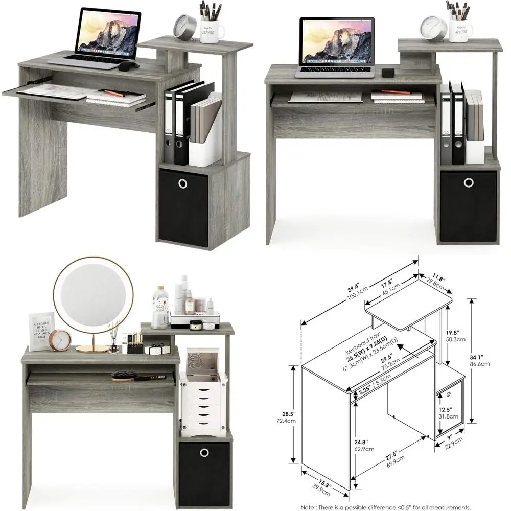 مكتب ECON، مكتب ألعاب مع صينية لوحة مفاتيح، مكتب كمبيوتر، مكتب مكتب مع أرفف جانبية وصندوق تخزين للمكتب المنزلي، رمادي Oa #1
