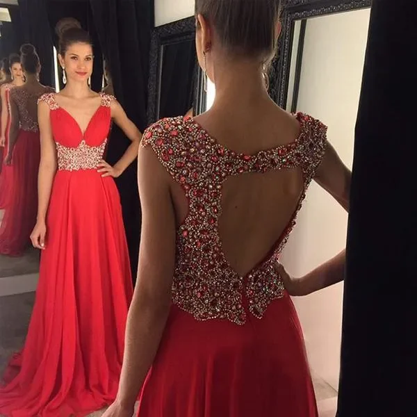 

Red Beaded Crystal Open Back Prom Dress Long V-neck Chiffon A-line Elegant Rhinestone Sexy Evening Gowns With Straps