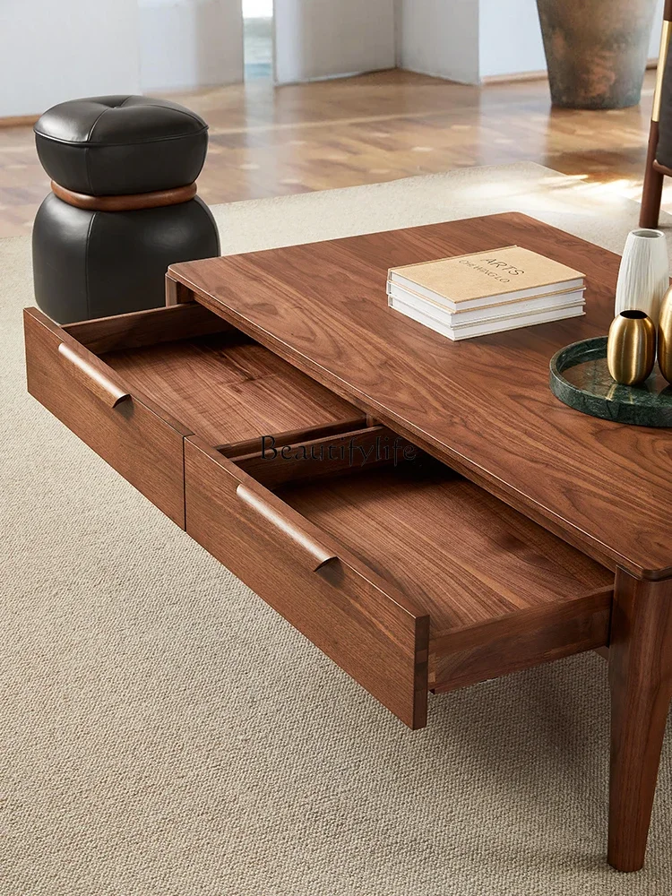 North American black walnut solid wood coffee table with drawers Nordic simple living room low tea table