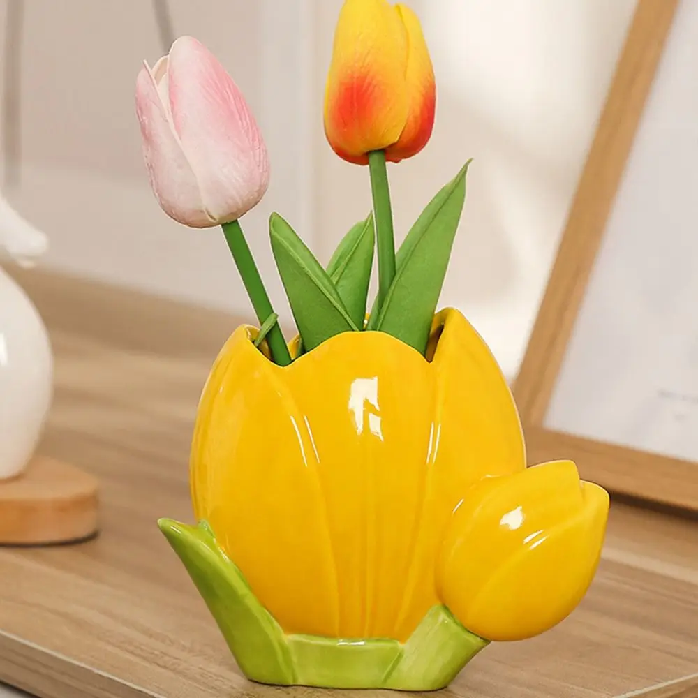 Cute Tulip Flower Pen Holder Retro Ceramic Makeup Brush Storage Bucket Aesthetic Multifunction Stationery Shelf