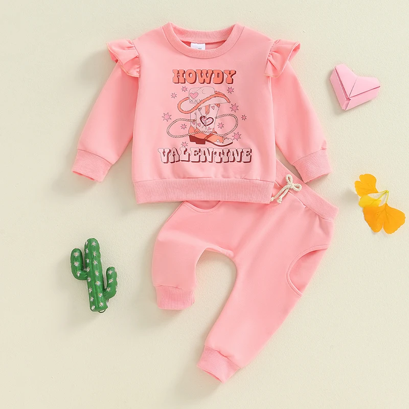 Toddler Girls Western Fall Outfits Letter Print Ruffles Long Sleeve Sweatshirt and Sweatpants Set Cute 2 Piece Clothes