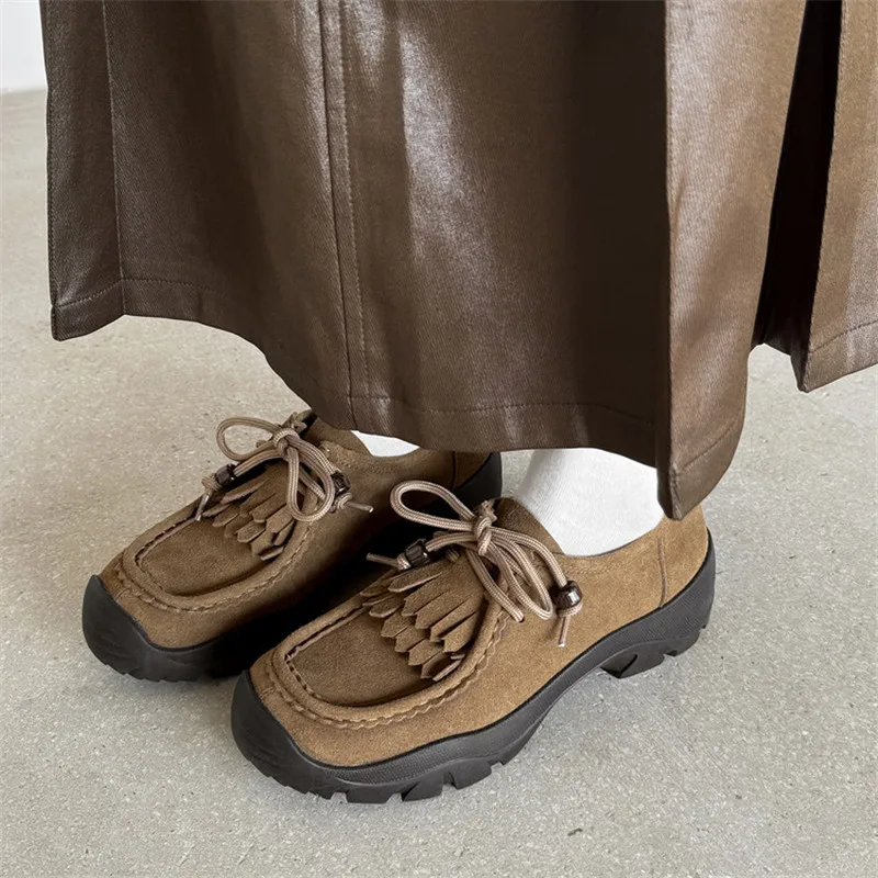 

New Spring/Autumn Cow Suede Women Shoes Fashion Round Toe Shoes for Women Mid Heels Lace Women Pumps Leisure Loafers Handmade