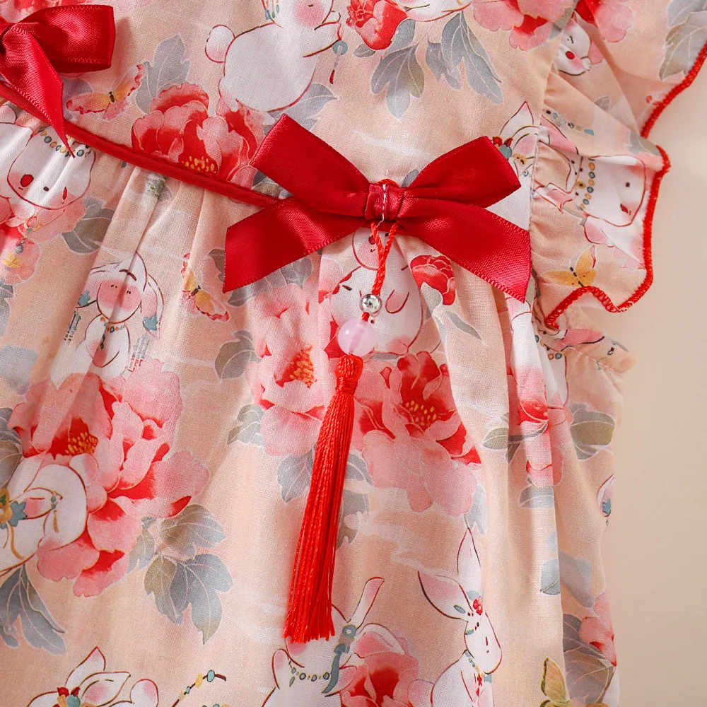 Chinese Style Girl Dress Summer Baby Girl Double Bow Small Rabbit Print Small Fly Sleeves A-Line Cheongsam Dress