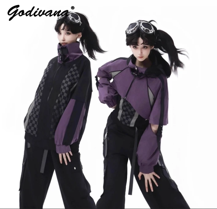 Functional Design Purple and Black Plaid Splicing Zipper Jacket Cargo Pants Autumn and Winter Sweet Cool Women\'s Trousers Set