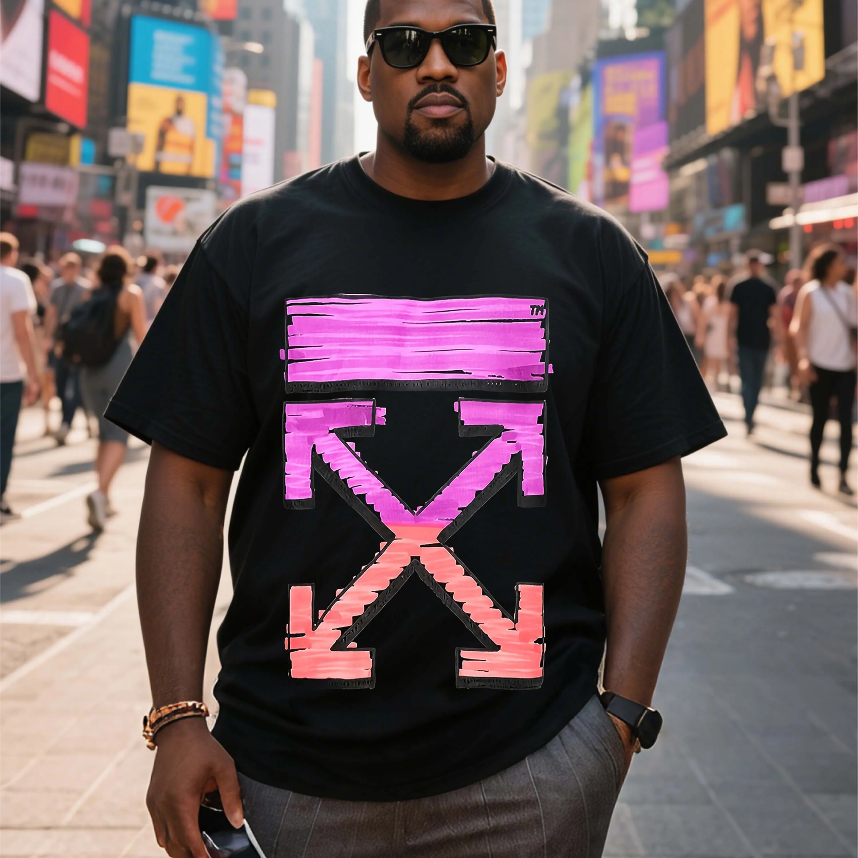 

Черная футболка больших размеров с рисунком розовых и оранжевых стрел, подходящая для летней одежды для отдыха на открытом воздухе