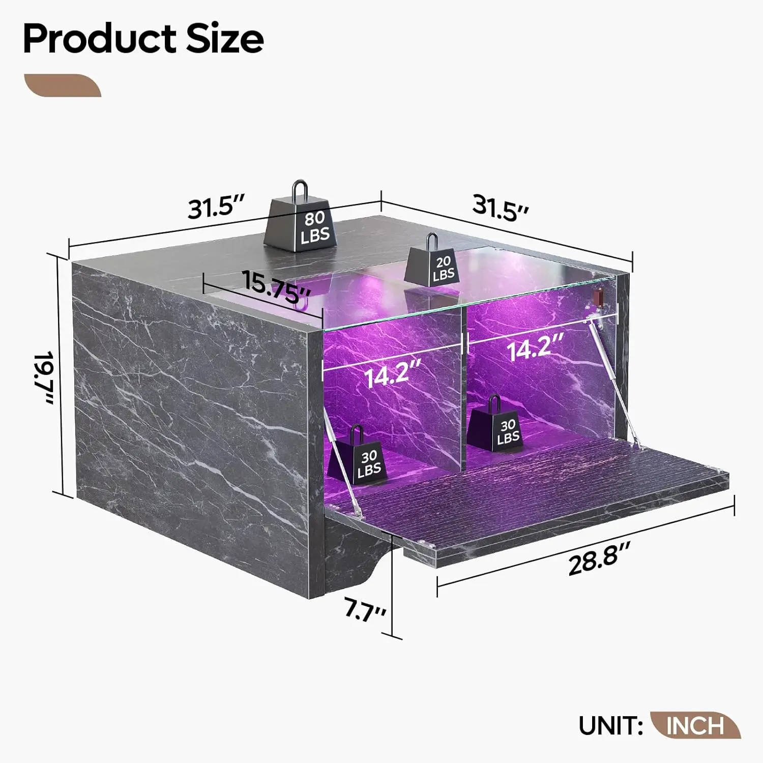 LED Coffee Table, Square Table for Living Room with Storage, Glass Table with LED Lights, Farmhouse Table