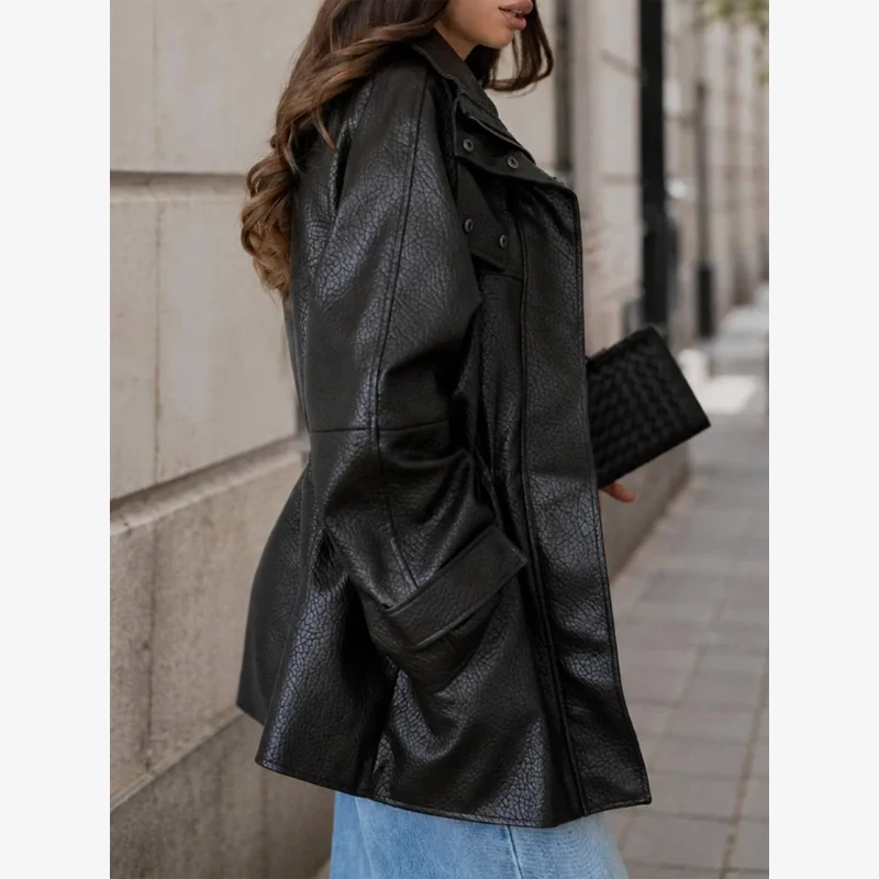 Lady Faux Leather Parka Jacket Stand Collar Drawstring Waist Zip Snap Closure Pocket Loose Coat Mid Length2026 Streetwear Coats