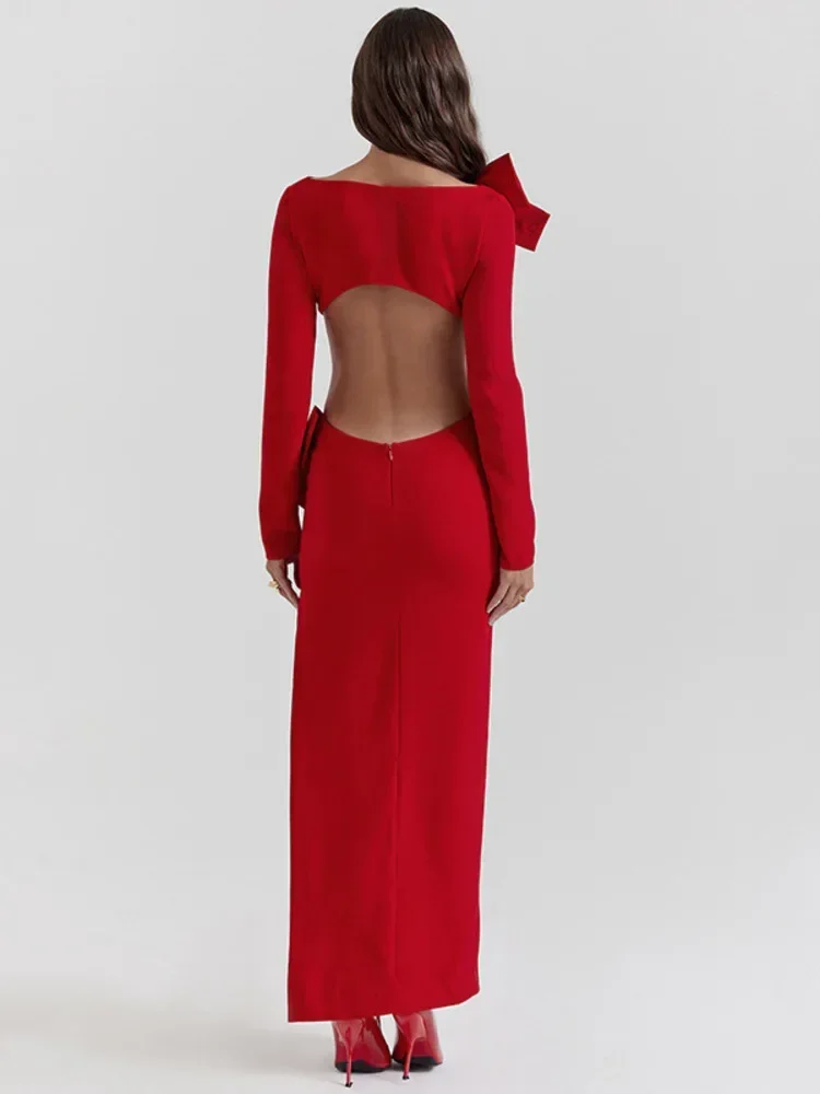 Elegante Maxi abito Sexy senza schienale con fiocco per le donne moda rosso O collo manica lunga aderente Club Party abito lungo nuovo