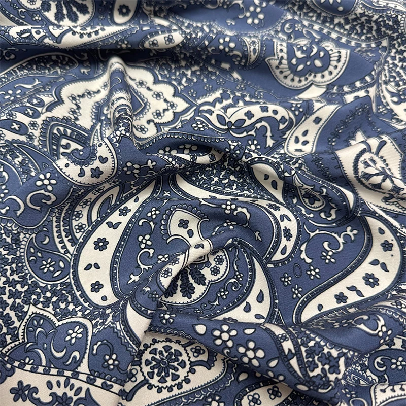 

1 meter 95% Mulberry Silk 5% Spandex 16 momme Crepe Silk Fabric Blue Cashew Floral 140cm 55" wide by the yard JX203