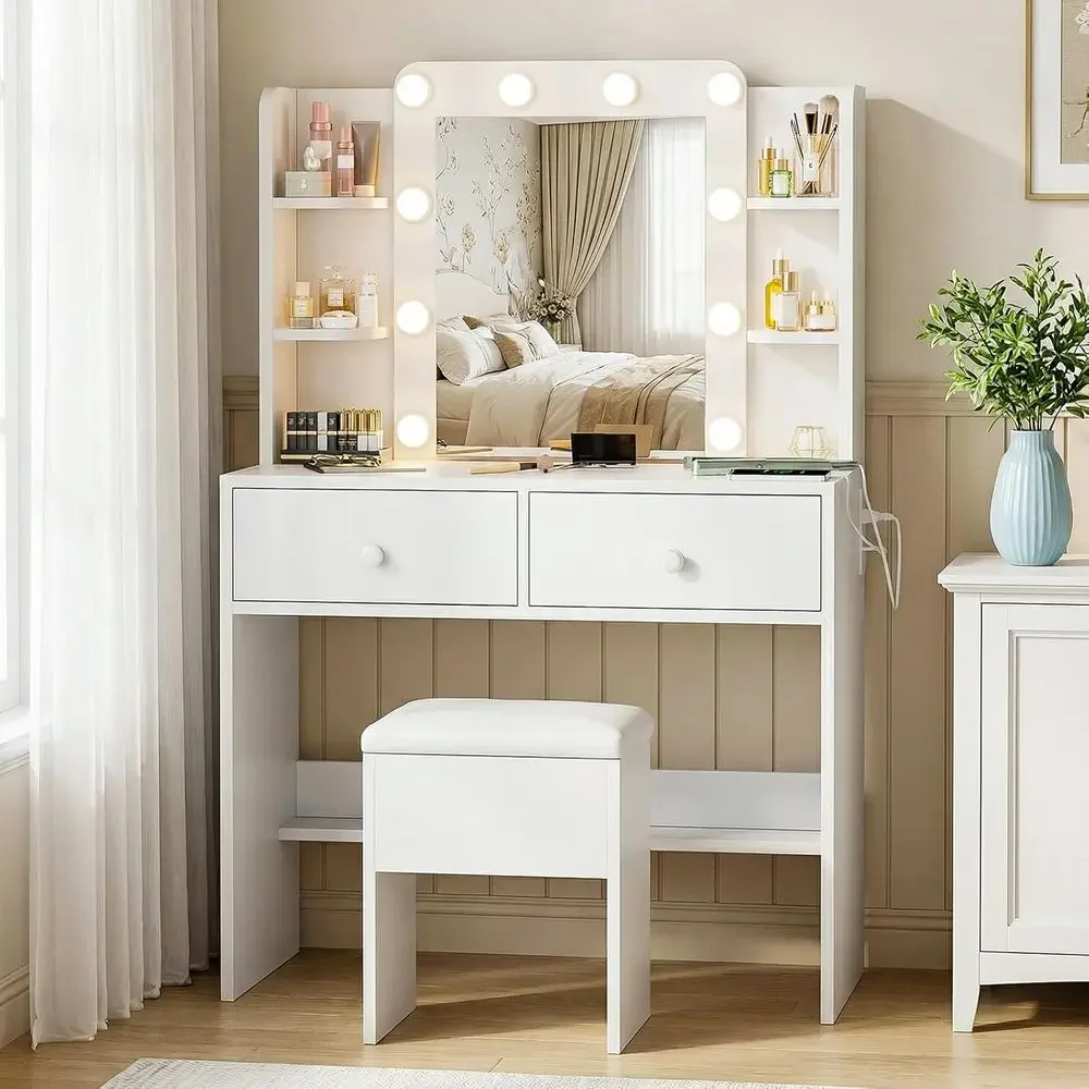 Illuminated Makeup Vanity Desk with Mirror, Power Outlet, 10 Bulbs, 3 Light Modes, Storage Shelves, Chair Included, White