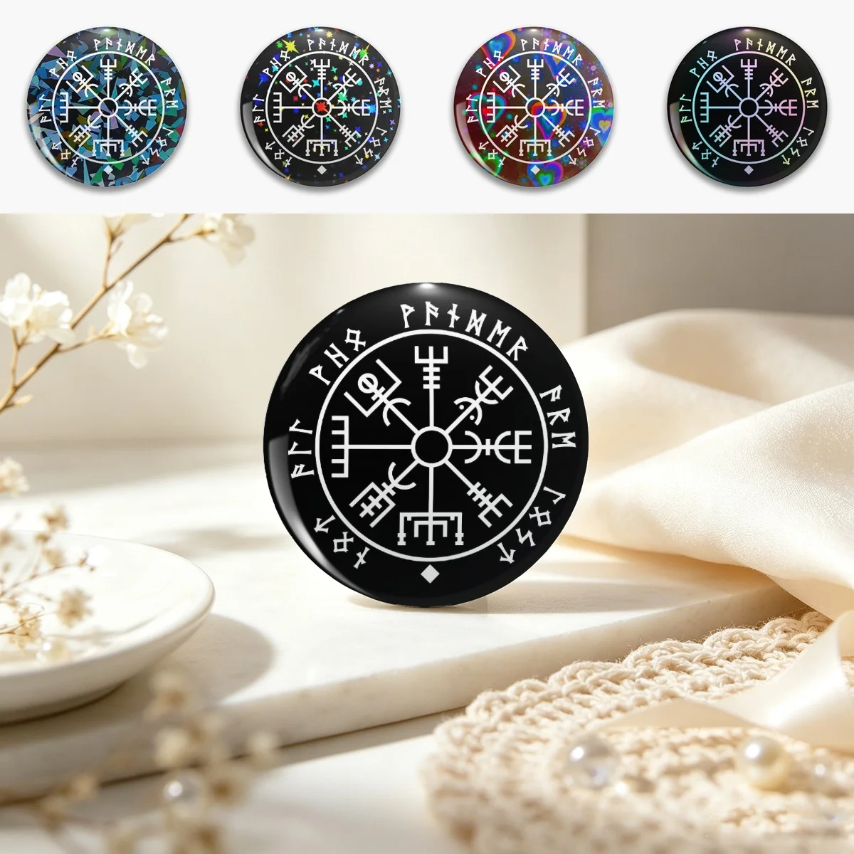 Vegvisir Viking Pin Holographic Star Heart Pin Brooches Laminated Button Fashion Accessory