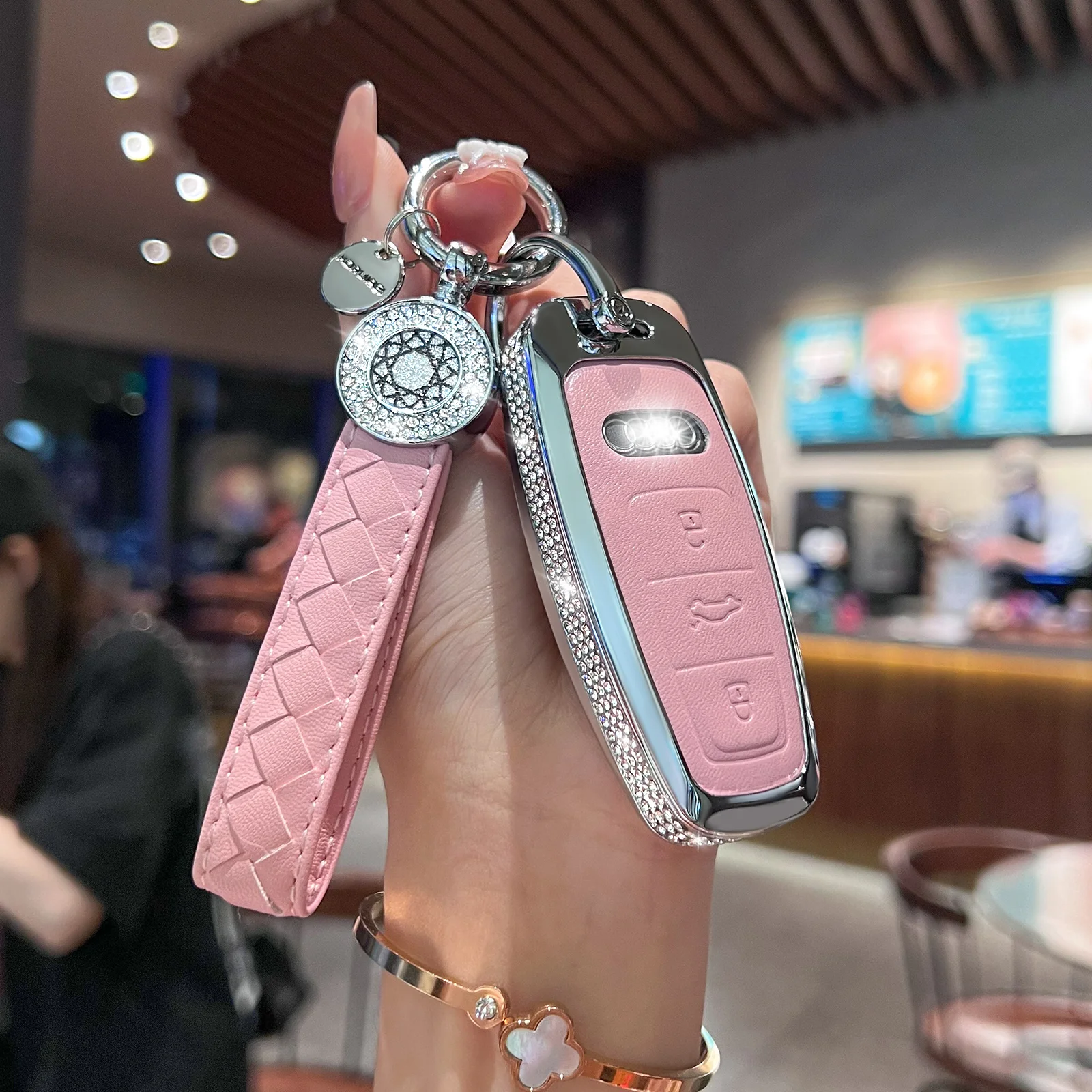 Compatible with Audi Key Fob Cover with Keychain, Pink Genuine Leather Crystal Key Case Protection Shell for A6L A6 A7 A8 Q7 Q8