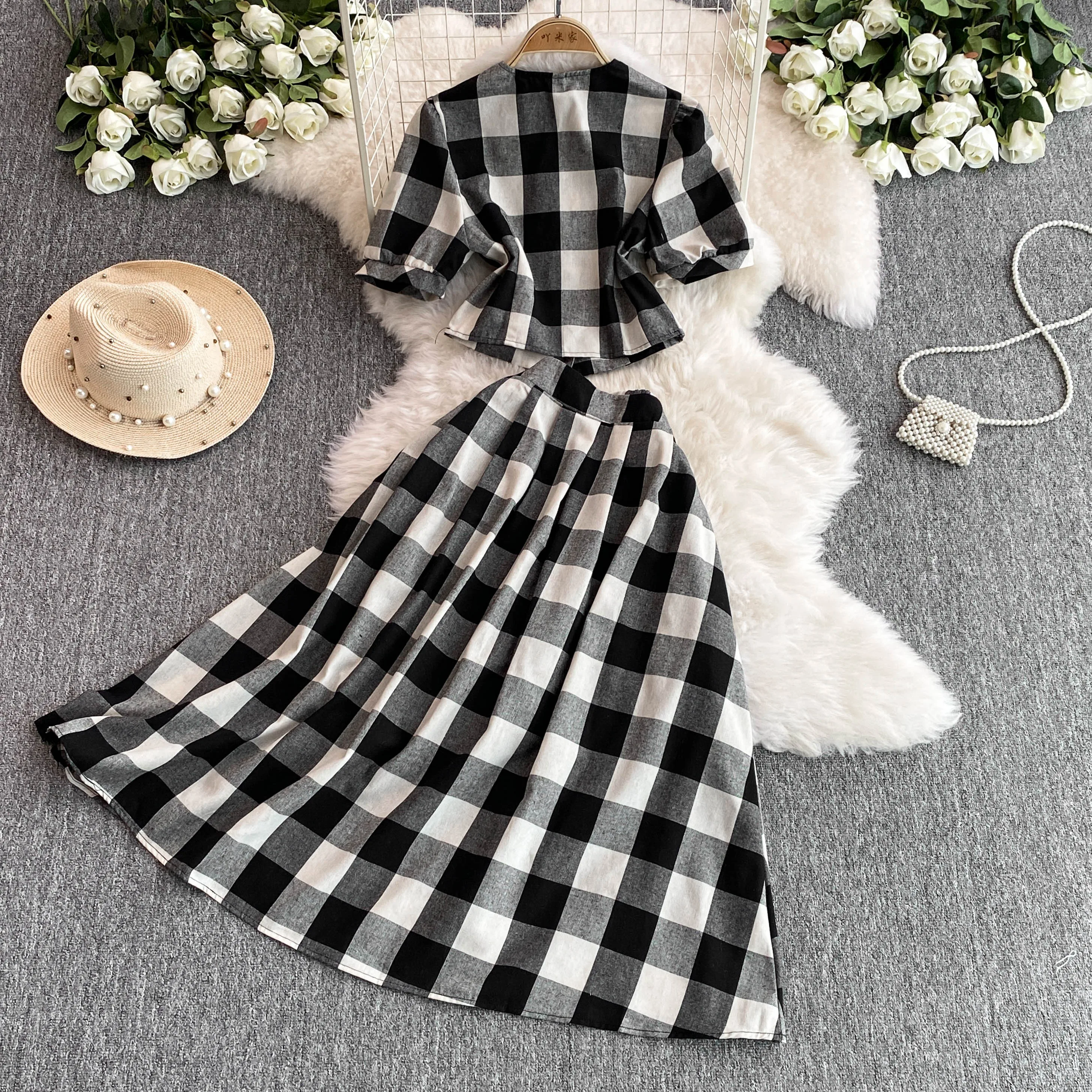 Summer Two Piece Skirt Set Short Sleeved Black And White Shirt Checkered Lattice Dress V Neck Single Breasted Blouse