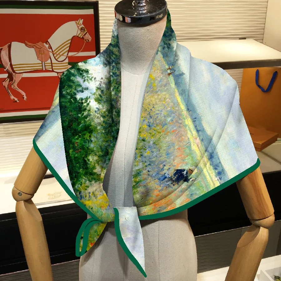 New Design Shawl Monet Flowers Printed Silk Scarf Square Scarves Lady Wraps Kerchief Woman Neck Shawl Wraps Echarpes Hijabs 90CM