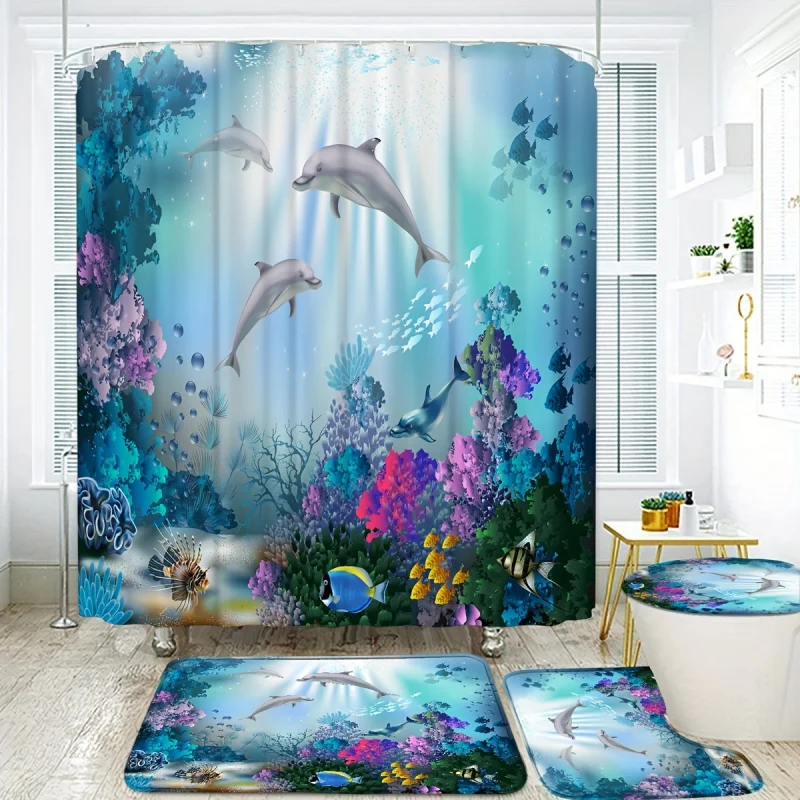 1/4pcs Underwater Dolphin Pattern Shower Curtain Set, Shower Curtain With 12 Hooks, Non-Slip Bath Mat, U-Shaped Toilet Mat, Toil