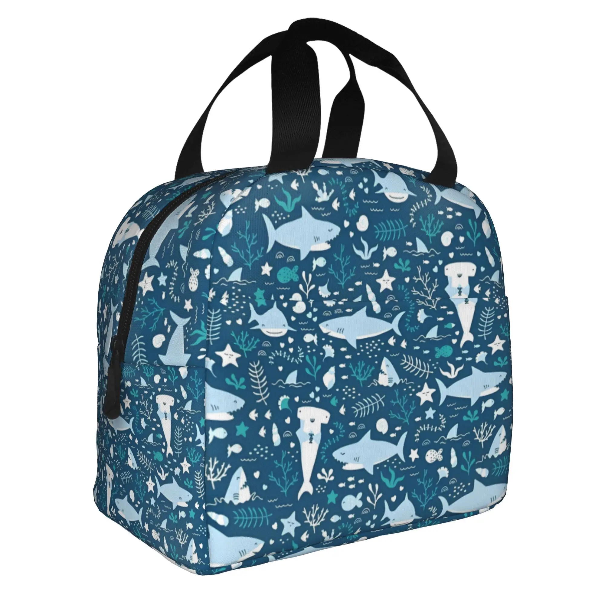 Blue Watercolour Shark Insulated Lunch Bag for Women Leakproof Cartoon Fierce Fish Thermal Cooler Bento Box Office Work School