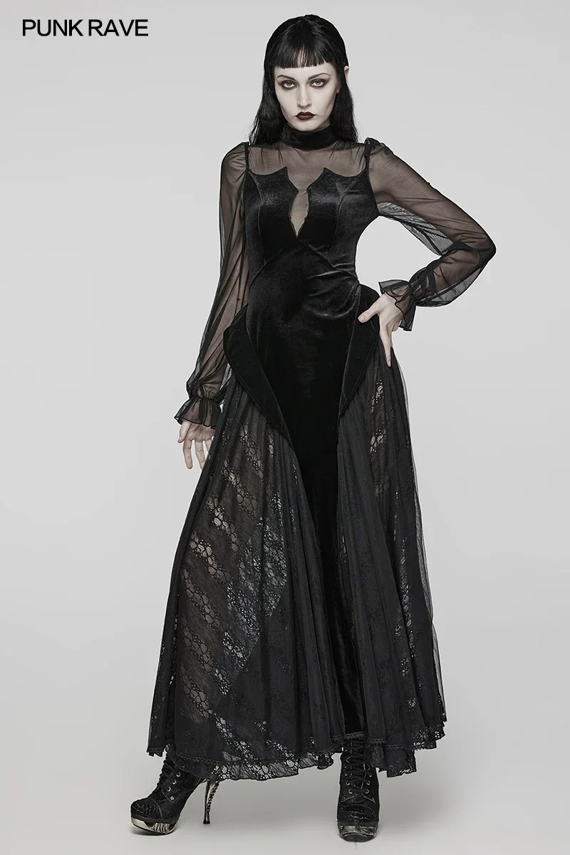 PUNK RAVE Women's Gothic Elastic Velvet & Mesh Lace Long Dress Party Club  Oversized Wavy Hem Black Women Dresses - AliExpress 200000345
