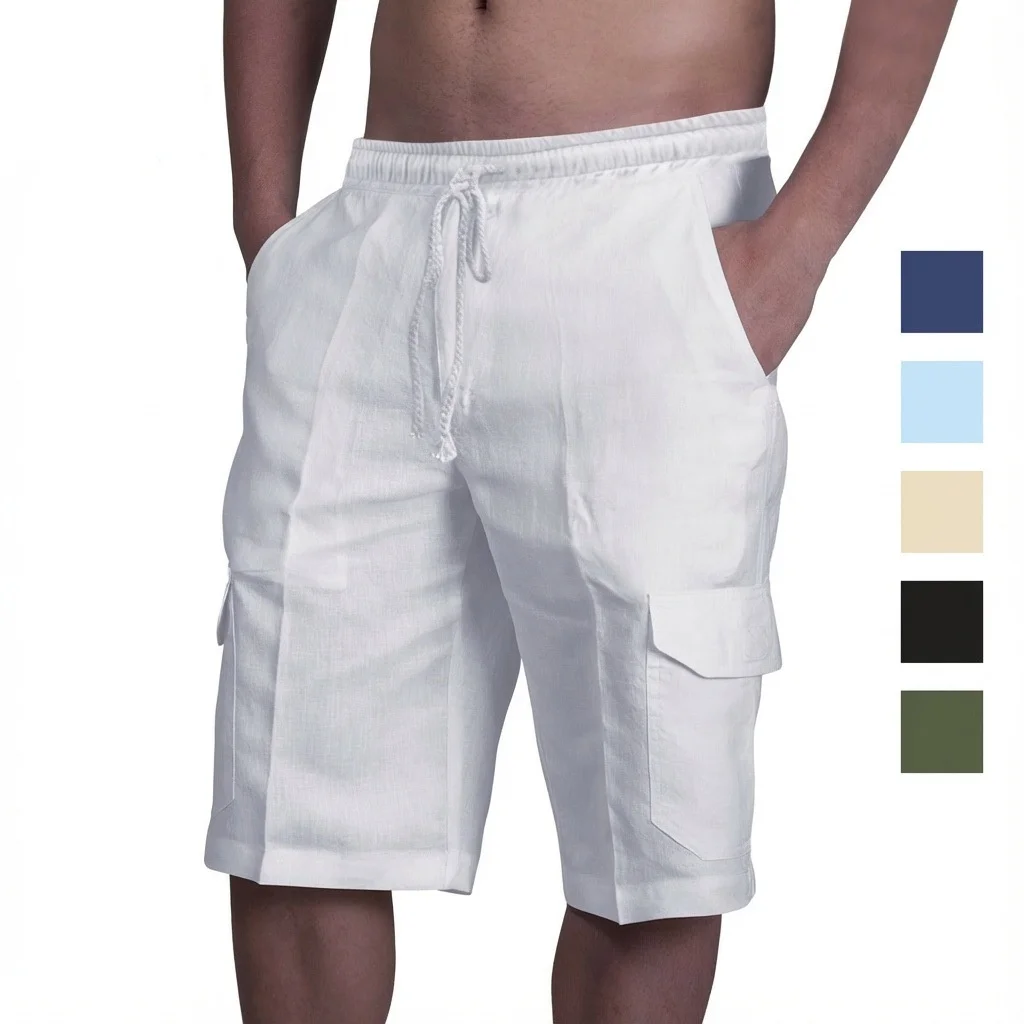 KUXA New Men Multi Pocket Lightweight Linen Shorts Drawstring Elastic Waist Wrinkle Free Summer Casual Beach Workwear Shorts
