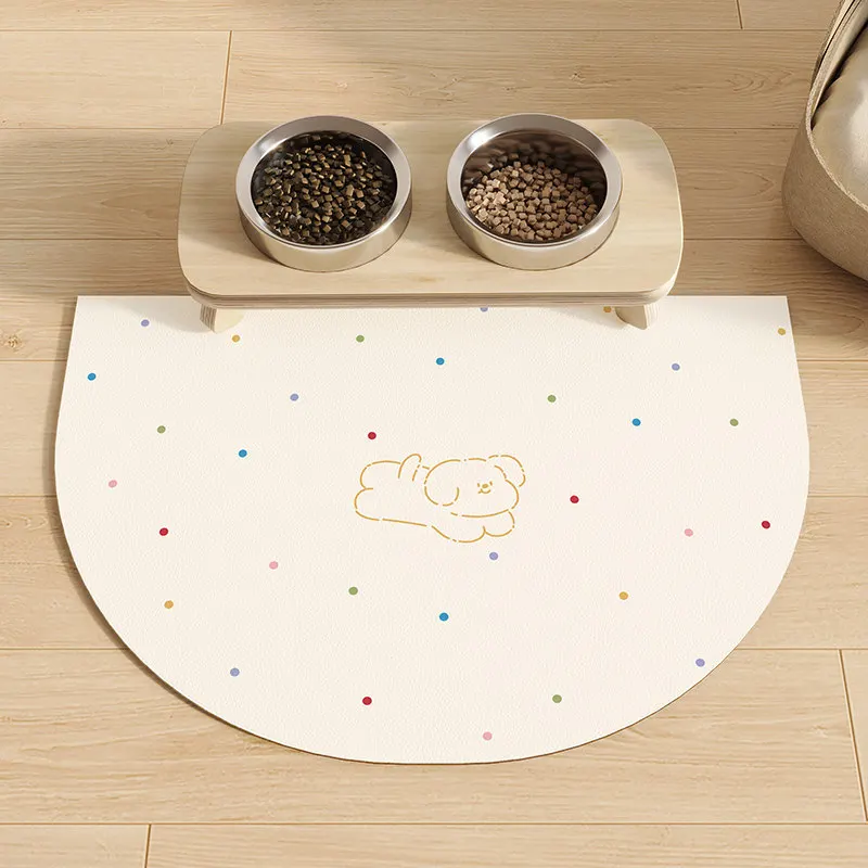 VIKAMA Polka Dot Line Puppy Print Pet Feeding Mat Semicircle Waterproof Anti-Slip Food Mat for Cat Dog Bowl