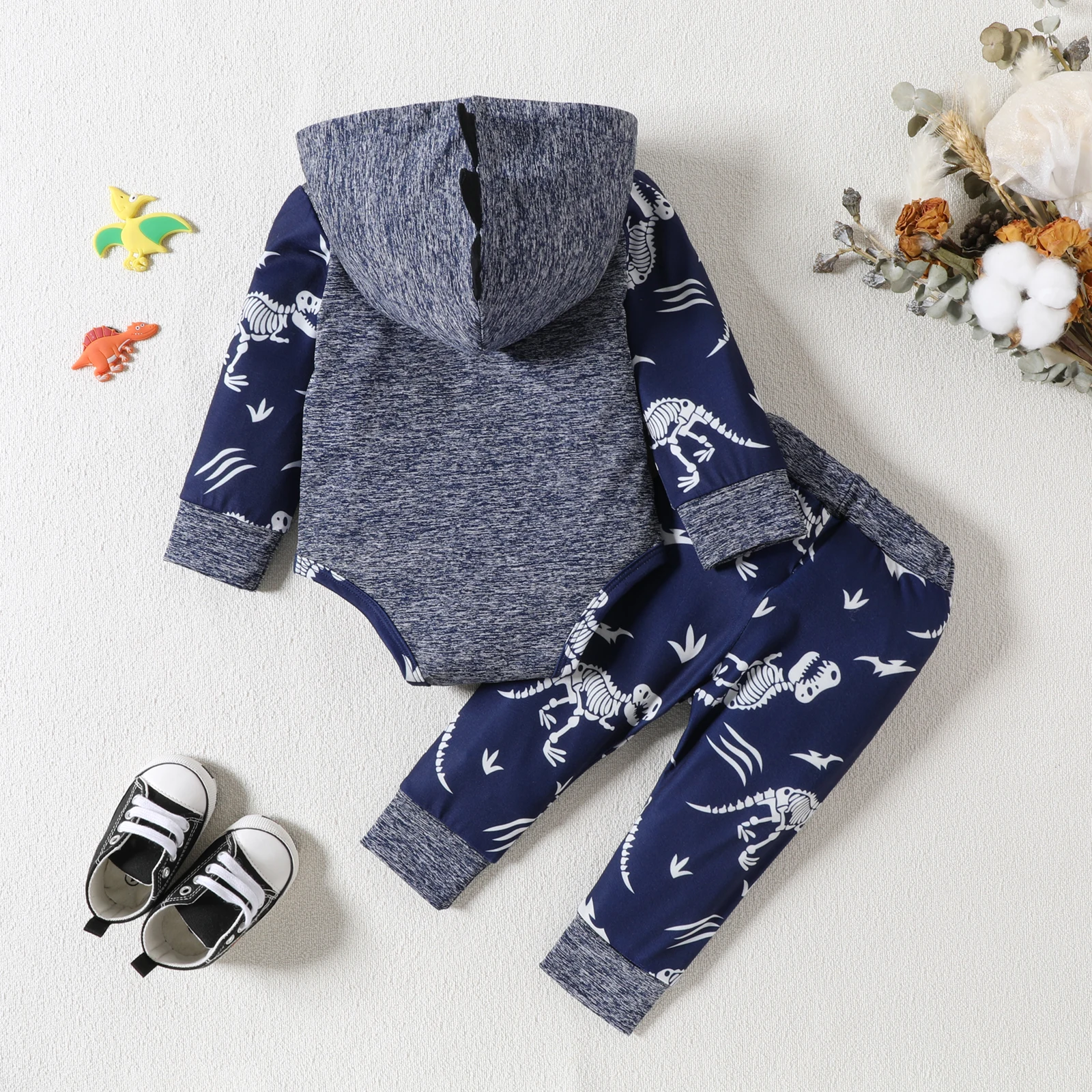 2Pcs Boys Fall Letter Print Hoodie Cute Cartoon Dinosaur Motifs Pants 0-24m Simple Dinosaur Theme Children Clothing