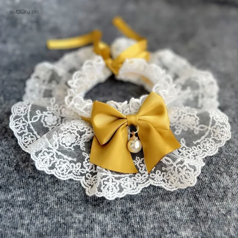 Fashion Bowknot Pet Collar Cute Lace Mesh Embroidery Pet Bib Burp Cloth Lovely Dog Cat Necklace Neck Strap for Small Medium Dog