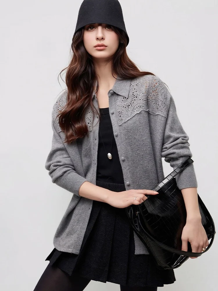 SuyaDream, Women 100% Wool Shirt Collar Crochet Knit Cardigan Elegant Commuter Autumn Winter Ladies Sweater Coat