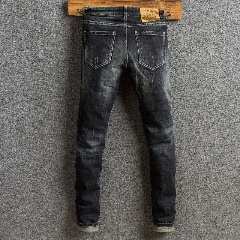 High Street Fashion Men Jeans Retro Black Blue Elastic Slim Fit Ripped Jeans Men Patches Designer Hip Hop Vintage Pants Hombre
