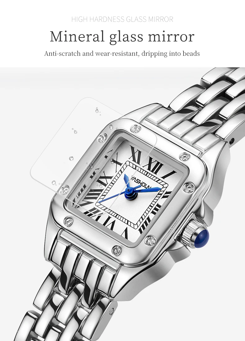 YASHIDUN Women Watch Square Small Clock Elegant Watch Small Size Quartz Watch Stainless Steel Waterproof Women Wristwatch