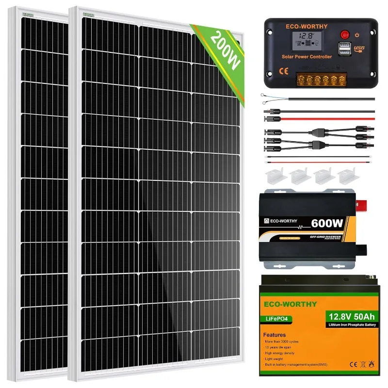 ECO-WORTHY 200 Watt 12V Complete Solar Panel Starter Kit for RV Off Grid with Battery and Inverter: 200W Solar Panels