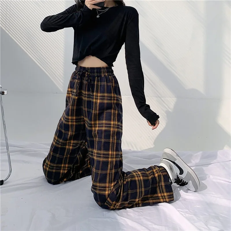 Pantalon décontracté à carreaux pour femmes, pantalon à jambes larges, streetwear Y2k, taille haute, vêtements tendance, jambe droite, design adt, nouveau