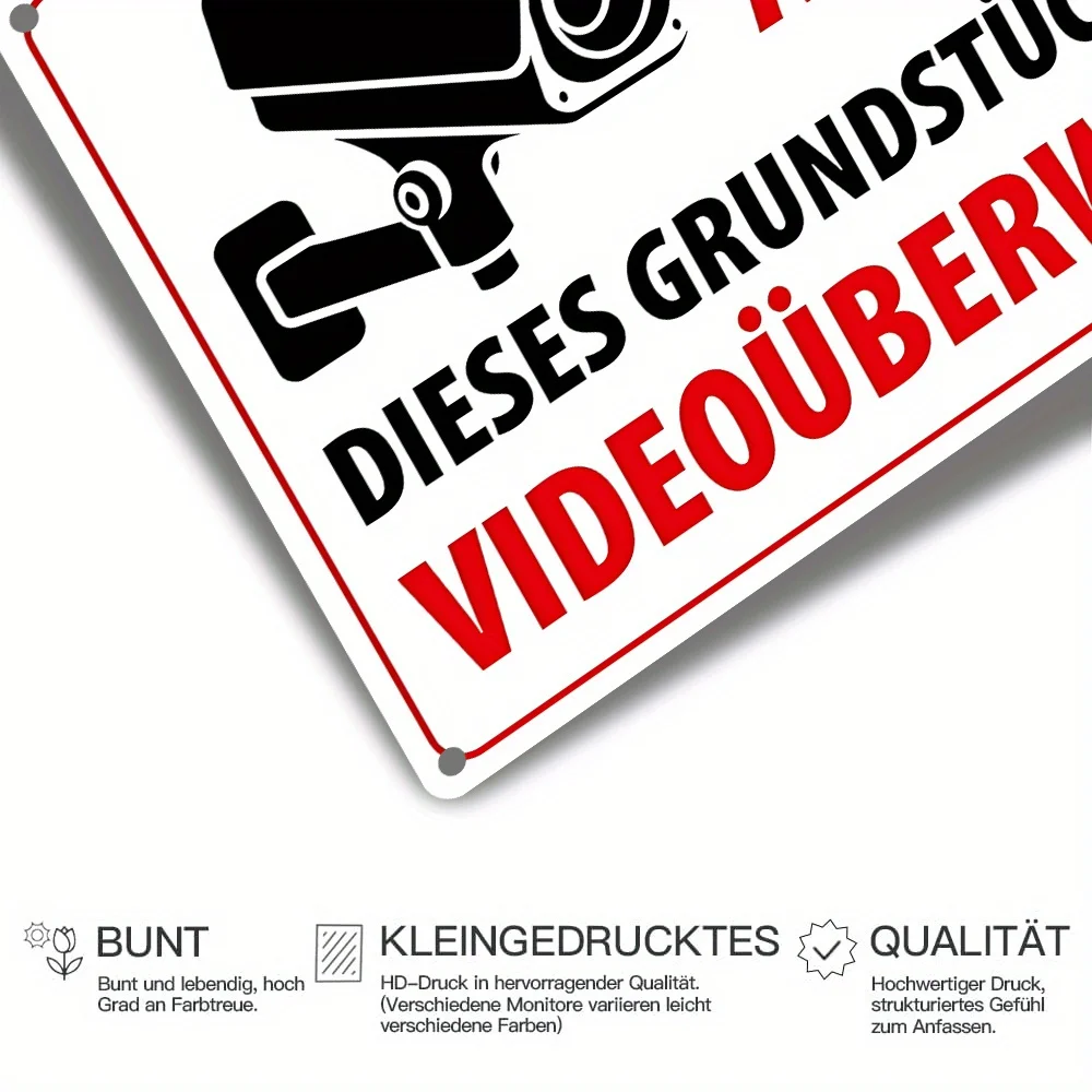 2D Flat, Vintage Metal Sign, Achtung Dieses Grundstück Wird Videouberwacht German Red Black Surveillance Camera Warning Sign