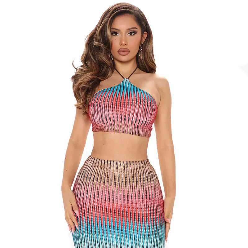 

Sexy Knit Geometric Pattern 2 Piece Set Women Halter Crop Top + Sheath Mini Skirt Suit 2022 Summer Female Party Club Outfits