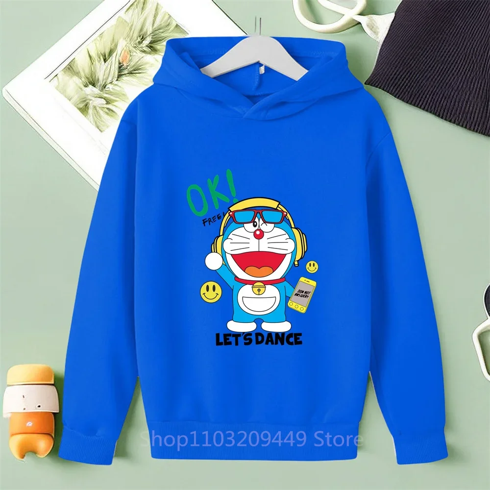 Fall 2024 Novelty Cotton Hoodie for Boys Girls Doraemon Cartoon Print Stylish Activewear Cozy Elastic Adorable Hood Up