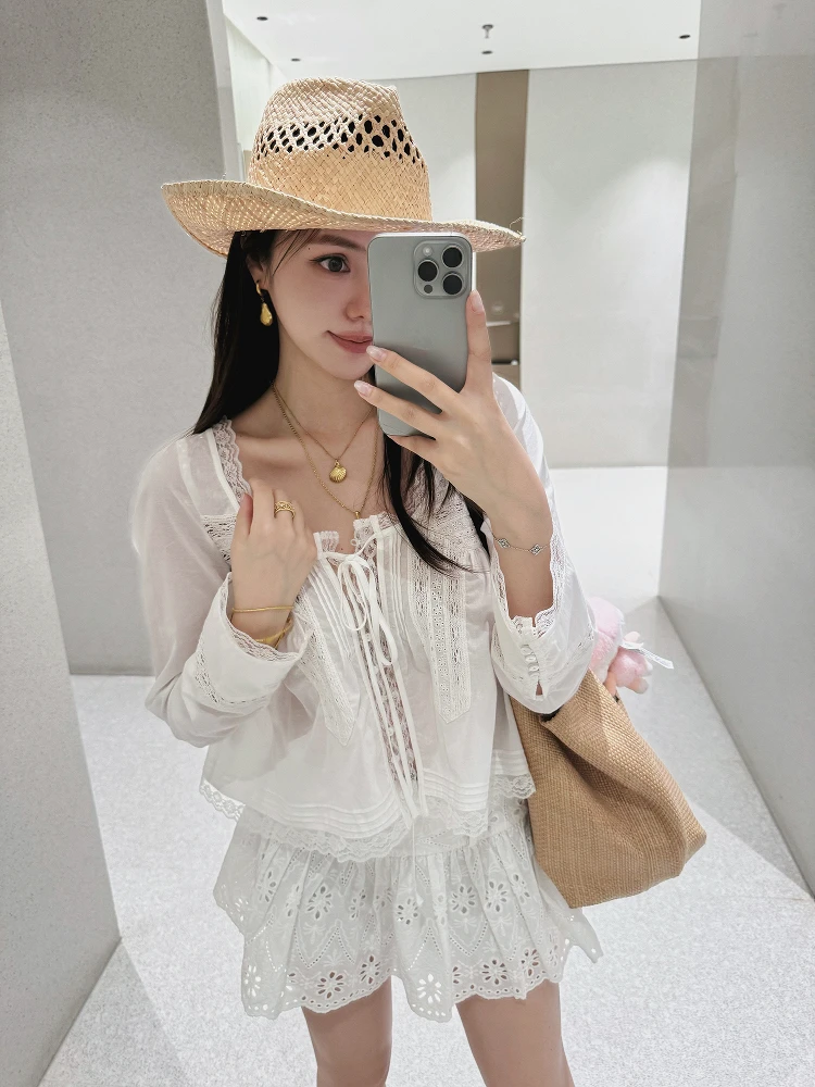 

n Sle White Lace irt Women's Summer 2025 New Micro See-tough Sexy Splicing Lace Top Cotton 00% Ladies' Premium ...