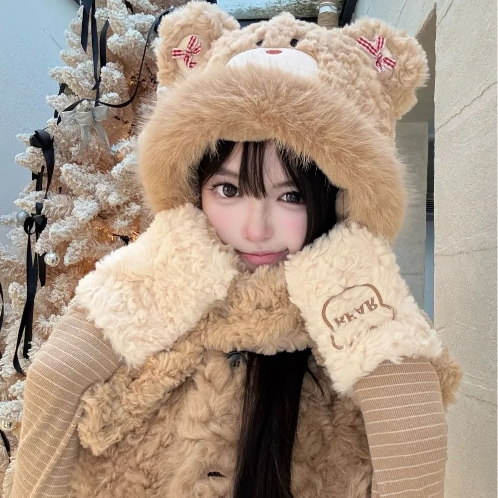 Cute 3-in-1 Little Bear Hooded Scarf Windproof Ear Protection Gloves Scarf Hat Fluffy Thickened Winter Scarf for Women