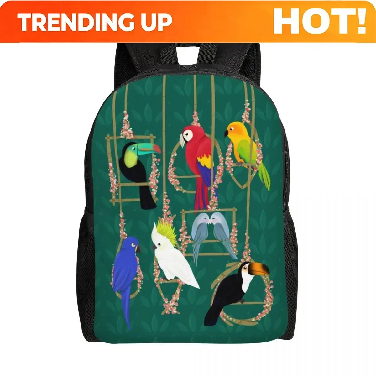 Custom Bag Tropical Getaway Parrot Birds Backpacks For Girls Boys Cockatiel Budgie Toucan College School Bags Bookbag Fits 15 In