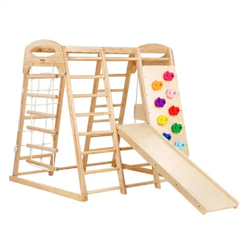 Wooden 7-in-1 Indoor Climbing Structure 47.2x58x56in 300lb Limit with Ladder Net Swing Monkey Bar Slide and Wall